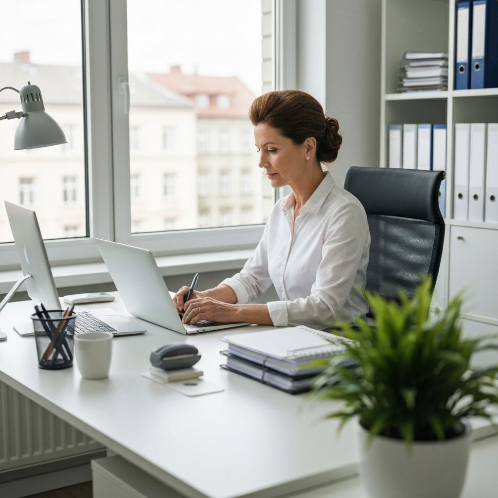 Professional working peacefully at desk with plant nearby